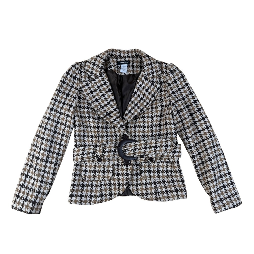 Better B Medium Blazer Houndstooth Dark Academia Wool Blend Belted Jacket